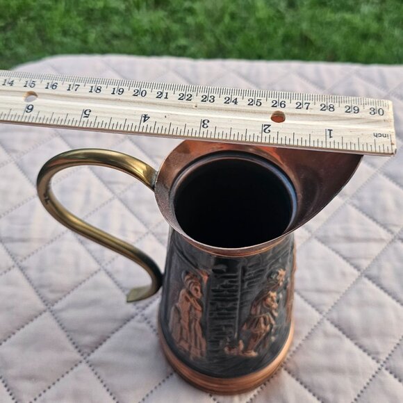 Vintage Decorative Embossed Copper and Brass Pitcher Old World Tavern Scene 8" - Picture 14 of 14